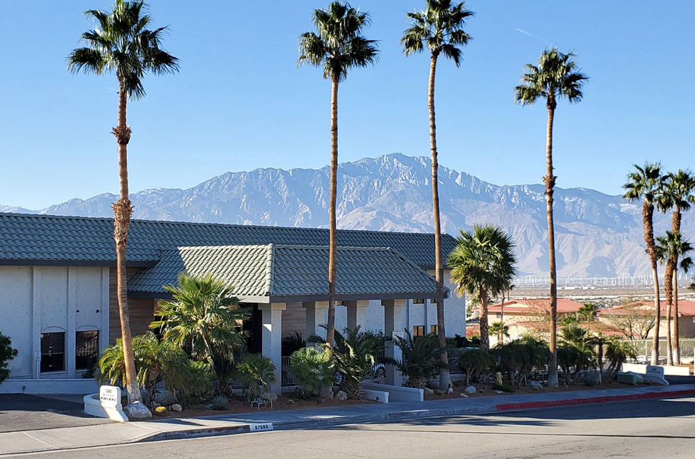 Azure Palm Hot Springs front with Mt San Jacinto in background. Majestic views of the Santa Rosa mountain range
