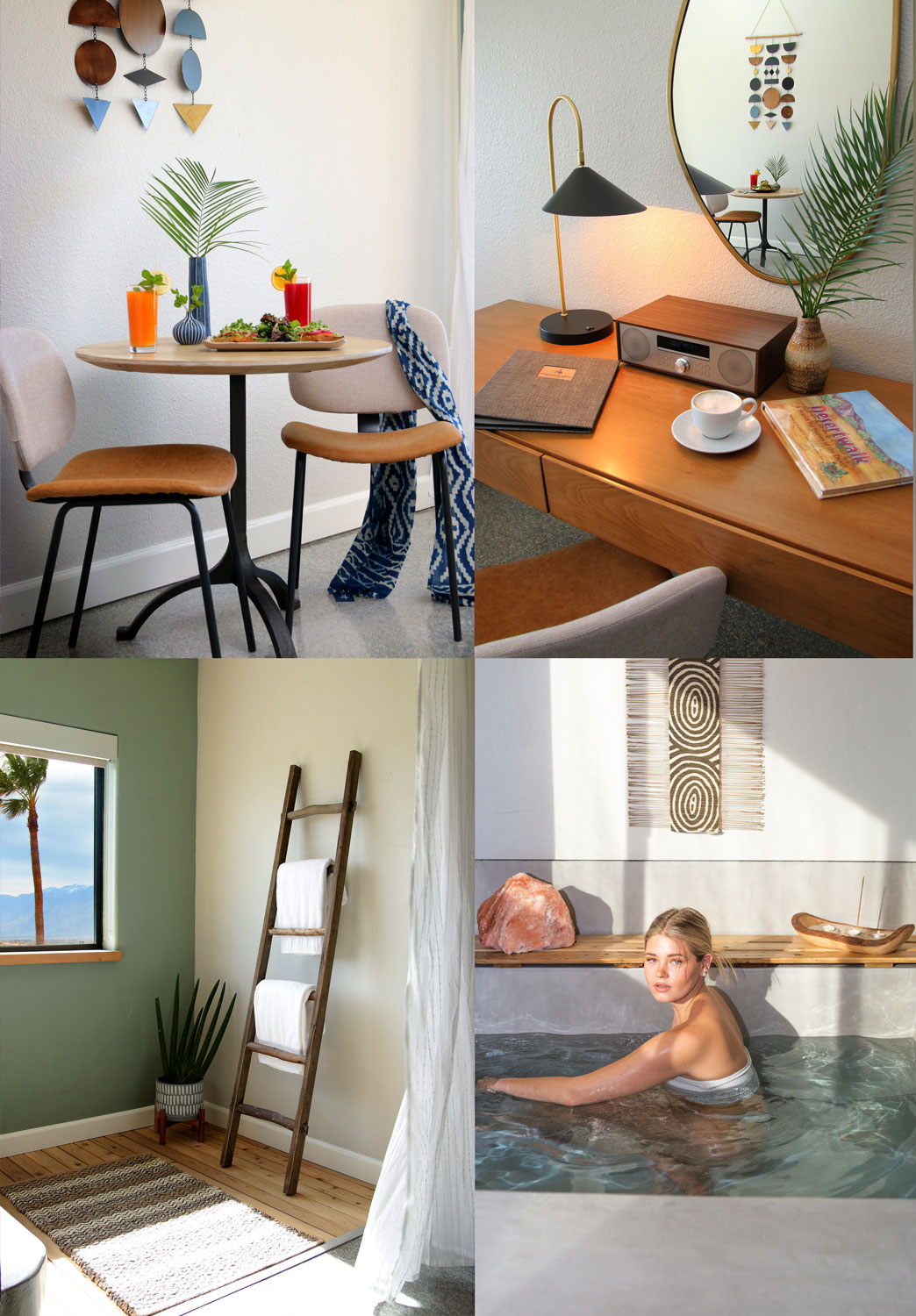 Amenities of the Spa Suites: bistro table, writing desk, and soaking tub