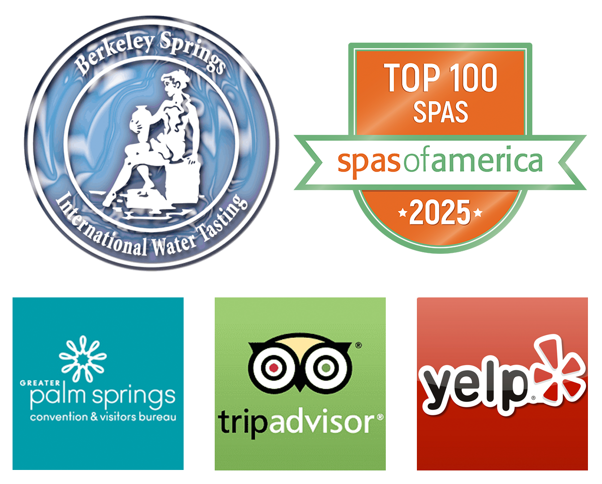 Berkley Springs, Top 100 Spas of America 2024, Yelp, Trip Advisor, Palm Springs Convention and Visitors Bureau