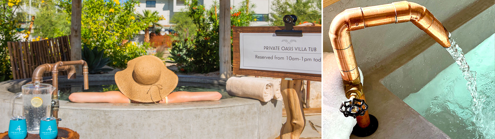 Reserved oasis tub and mineral water pouring from faucet.