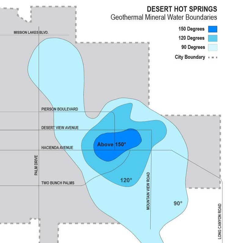 Map of the temperatures within the underground geothermal mineral water in Desert Hot Springs. The center of the aquifer is above 150 degrees. Surrounding that is an area where the water is 120 degrees. The outermost part of the aquifer is 90 degrees. The center of the hottest water is shown near the intersection of Hacienda Avenue and Miracle Hill Road.