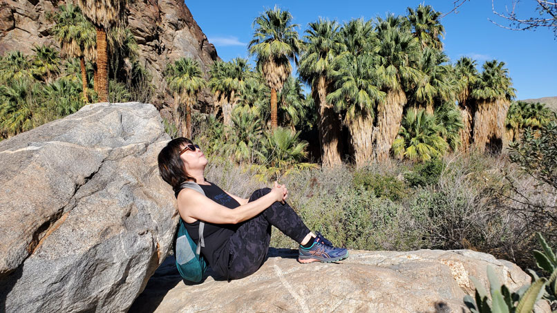 Woman relaxing near palm oasis on the Andreas Canyon Hike near Palm Springs