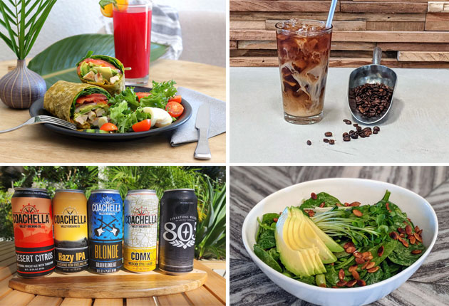 Chicken wrap, iced coffee, local beer and house salad from the cafe